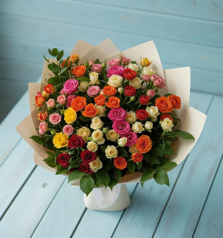 Букет Микс из разноцветных кустовых роз в Аркуле