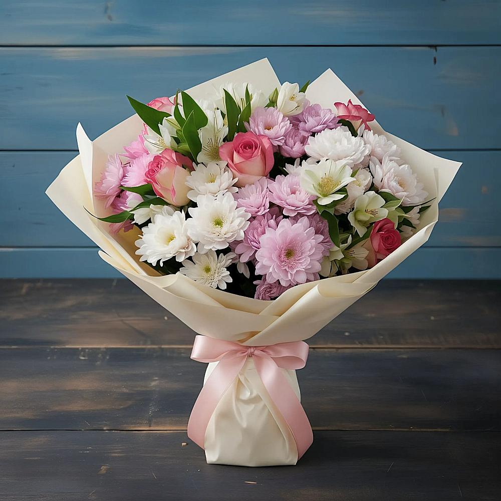 Букет цветов из: Хризантемы, Альстромерии и Розы в Аркуле